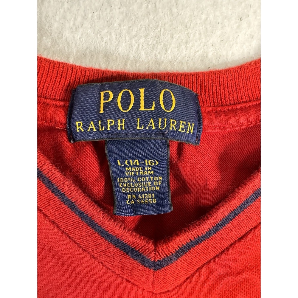 Polo Ralph Lauren Boys Red VNeck T-Shirt Youth Large 14 16 Short Sleeve Cotton - Picture 3 of 8